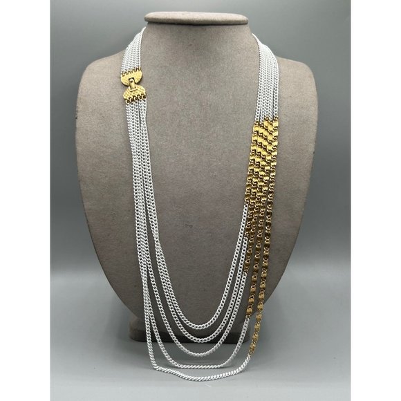 Vintage Signed Monet Multi Chain Necklace White Enamel & Gold Tone 80s Jewelry - Picture 5 of 10